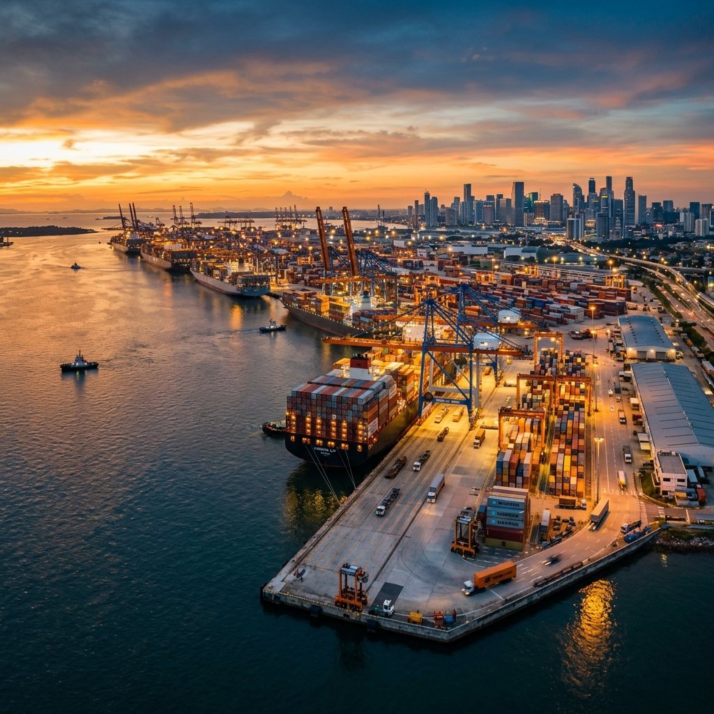 Container port at dusk